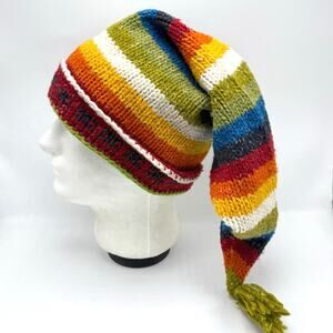 Long Tail Rainbow Stripe Knit Beanie Wool Cotton Ski Snowboard Hat Cap 90s Y2K